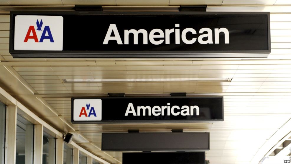 Posters of American Airlines at LaGuardia Airport, New York. 