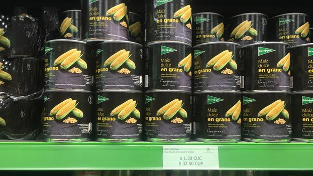 El pack de tres latas de maíz dulce se vende en España a 2,09 euros, mientras en Cuba una sola lata cuesta 1,30 CUC . (14ymedio)