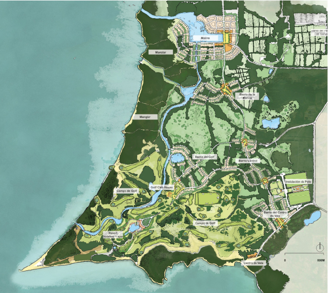 Dimensión territorial del proyecto en el área principal de la primera fase, llamada Playa Colorada. Imagen tomada de la página web del proyecto www.puntacoloradagolfmarina.com